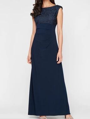Alex Evenings Navy Lace Bodice Evening Gown